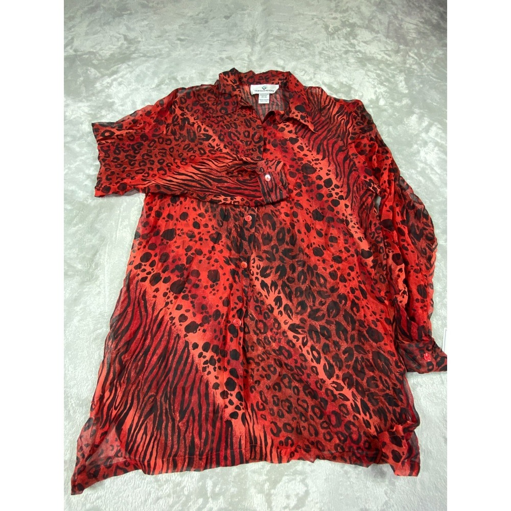 Silk Blouse Womens Medium Red Animal Print Leopard Sheer 100%‎ Silk Y2K Mob Wife